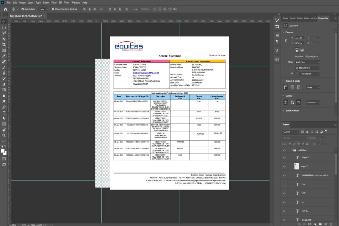 Modèle Word et PDF de relevé de compte India Equitas Small Finance Bank template